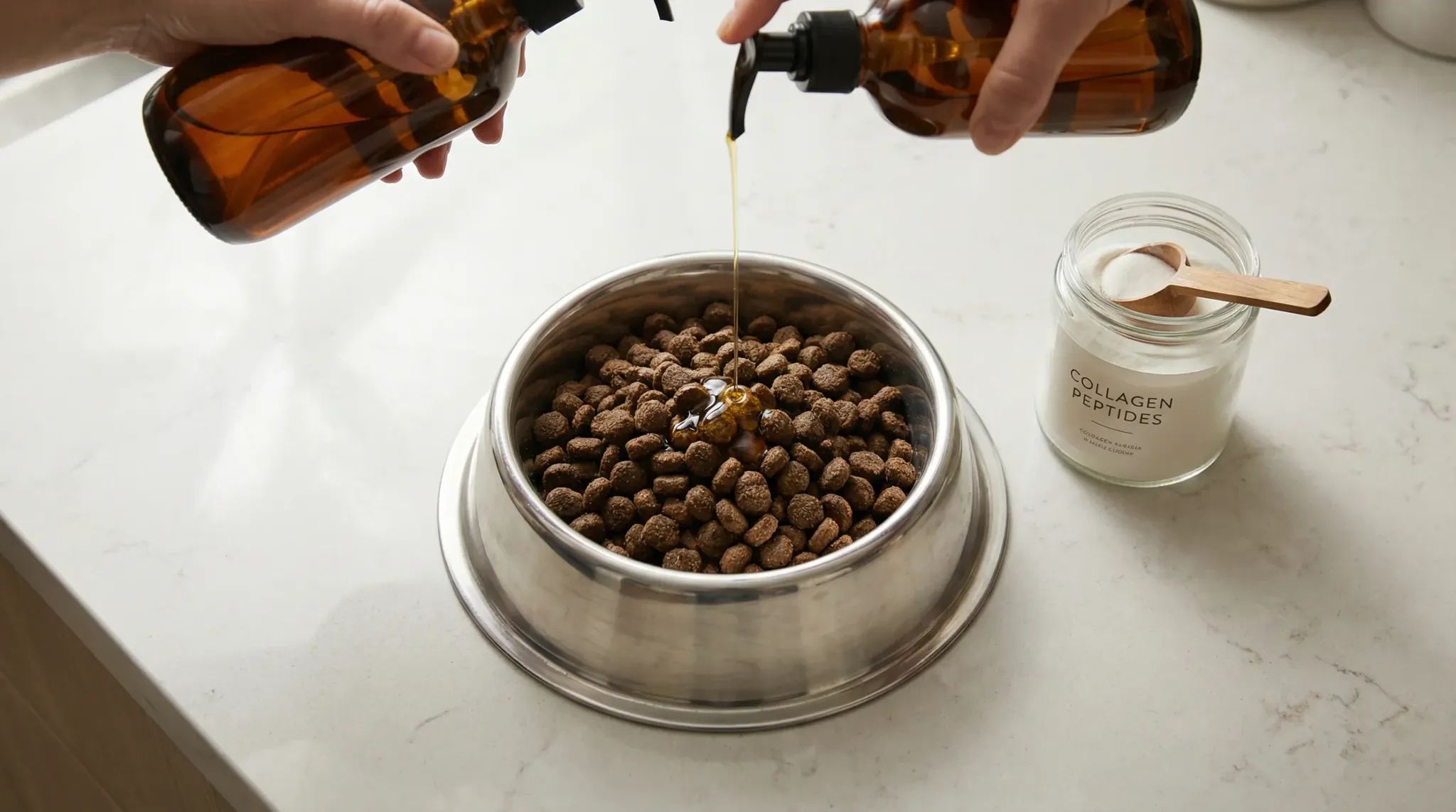 Overhead shot of a clean kitchen countertop with a stainless-steel dog bowl filled with monoprotein lamb kibble. A measured pump of purified fish oil