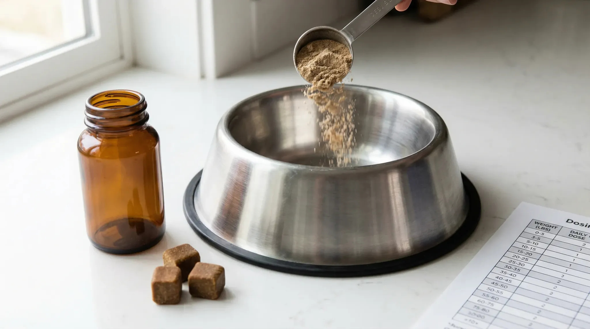 Close-up of a stainless steel dog bowl on a clean kitchen countertop; a metal measuring spoon dispensing powdered joint supplement; nearby unlabeled a