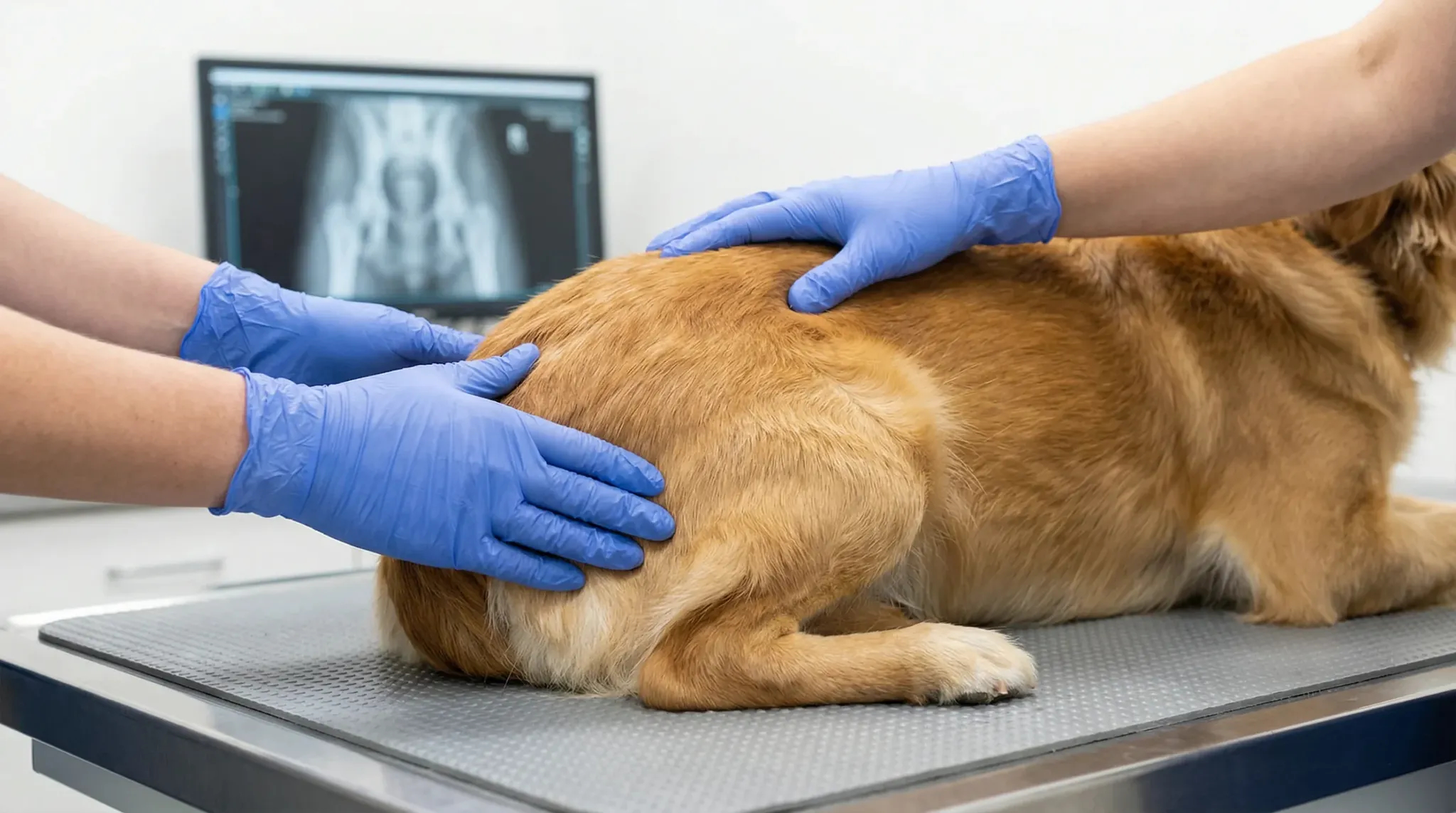 Veterinary clinic exam room: close-up of a veterinarian’s gloved hands palpating a medium-sized dog’s lower back, hips, and stifle on a non-slip exam