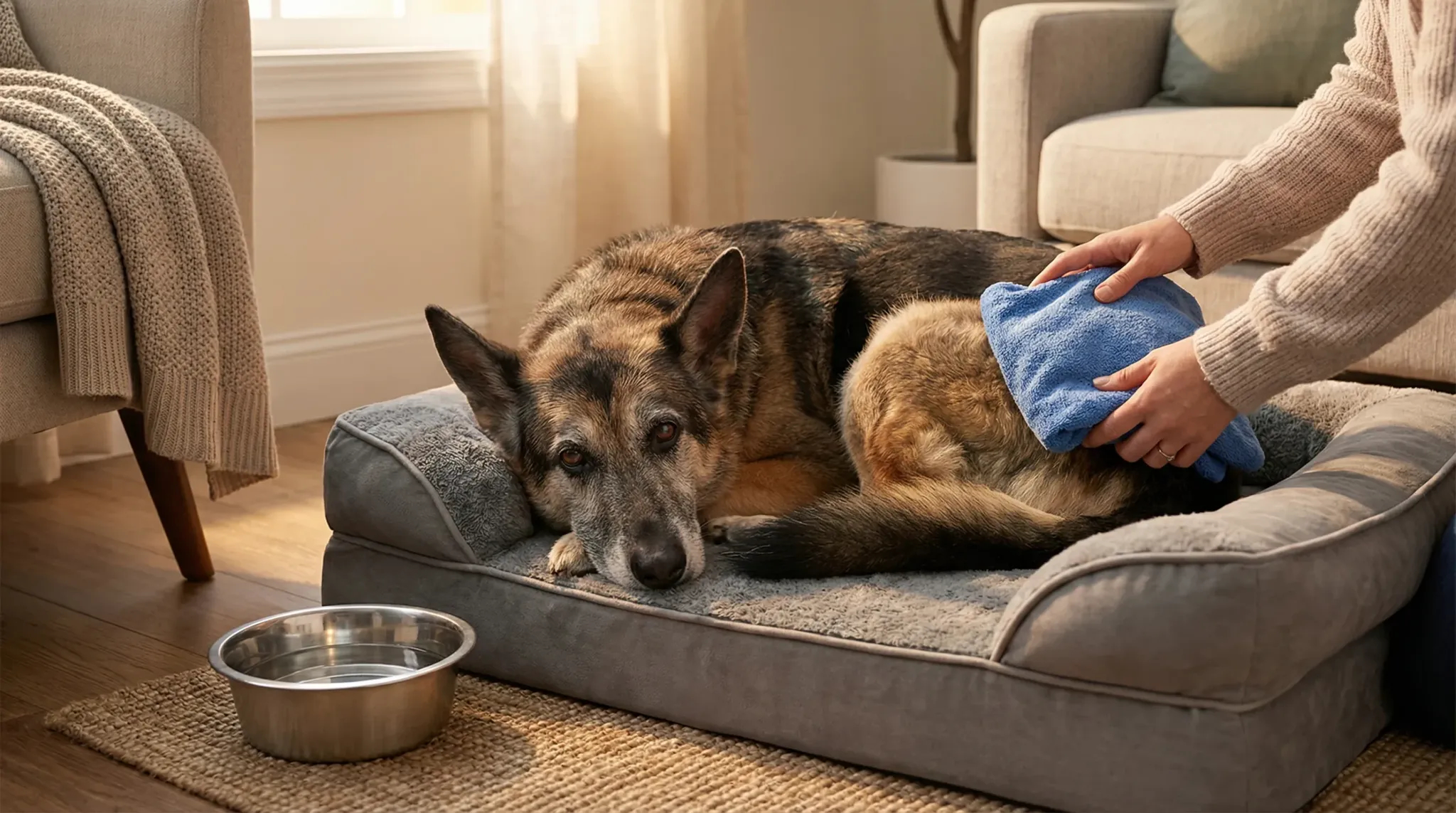 Calm recovery scene: a senior German Shepherd mix resting on an orthopedic dog bed at home with a towel-wrapped cold pack positioned over the hip join